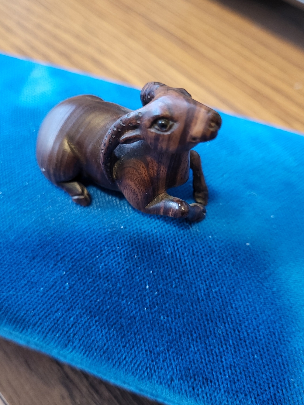 Vintage Wooden Hand Carved Artist Signed Netsuke Ram Elk